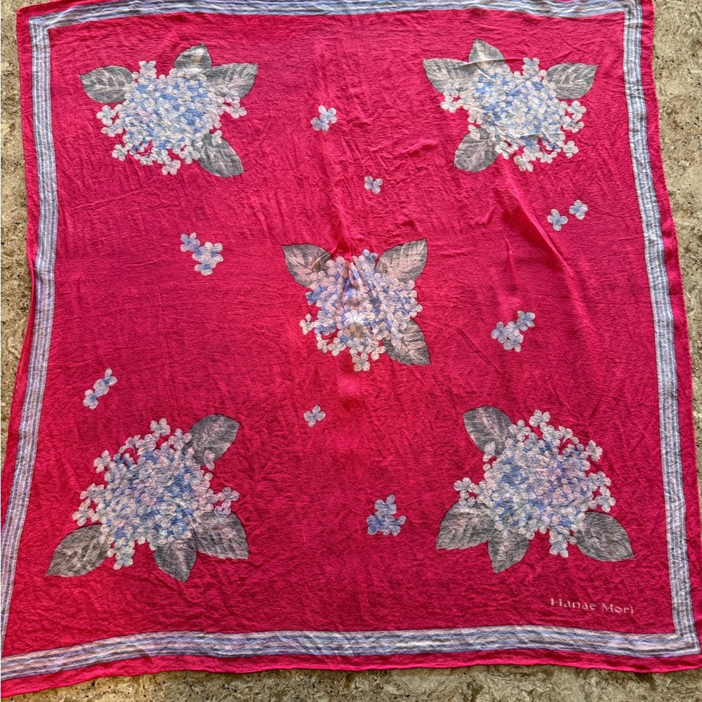Vintage Hanae Mori floral Hydrangea Pink and Blue Silk Scarf